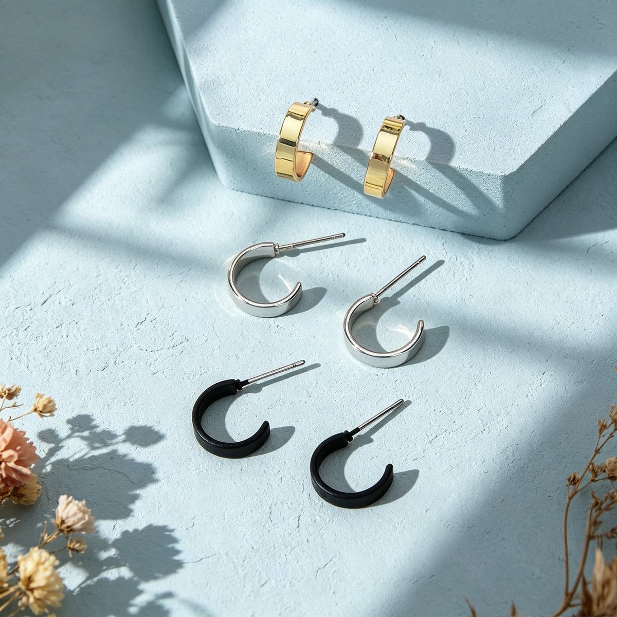 3 Pairs Punk C Shaped Stackable Hoop Stud Earrings Set Gold Silver Black Simple Daily Street Jewelry
