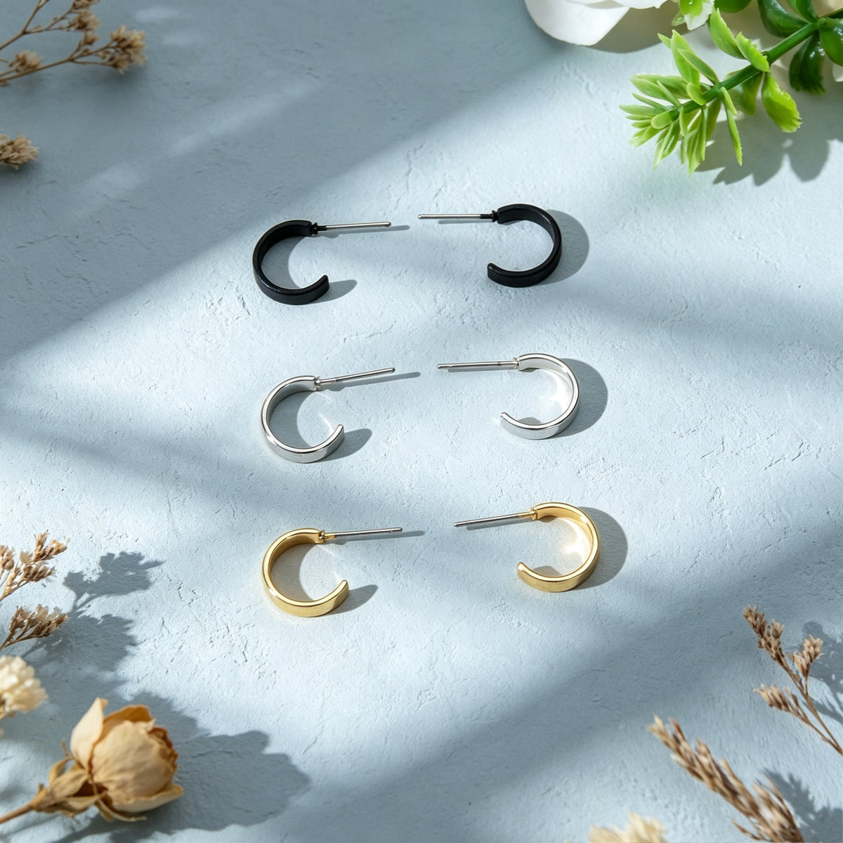 3 Pairs Punk C Shaped Stackable Hoop Stud Earrings Set Gold Silver Black Simple Daily Street Jewelry