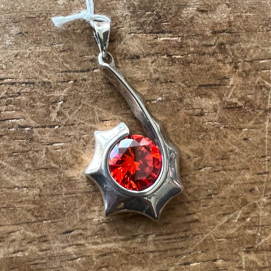 Asymetric round red CZ Pendant - Sterling Silver