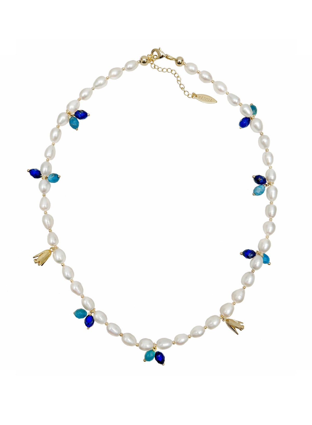Freshwater Pearls with Blue Gemstone and Flower Charms Necklace LN029